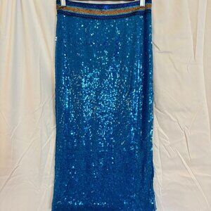 Blue Sequin Pencil Skirt with Metallic Waistband